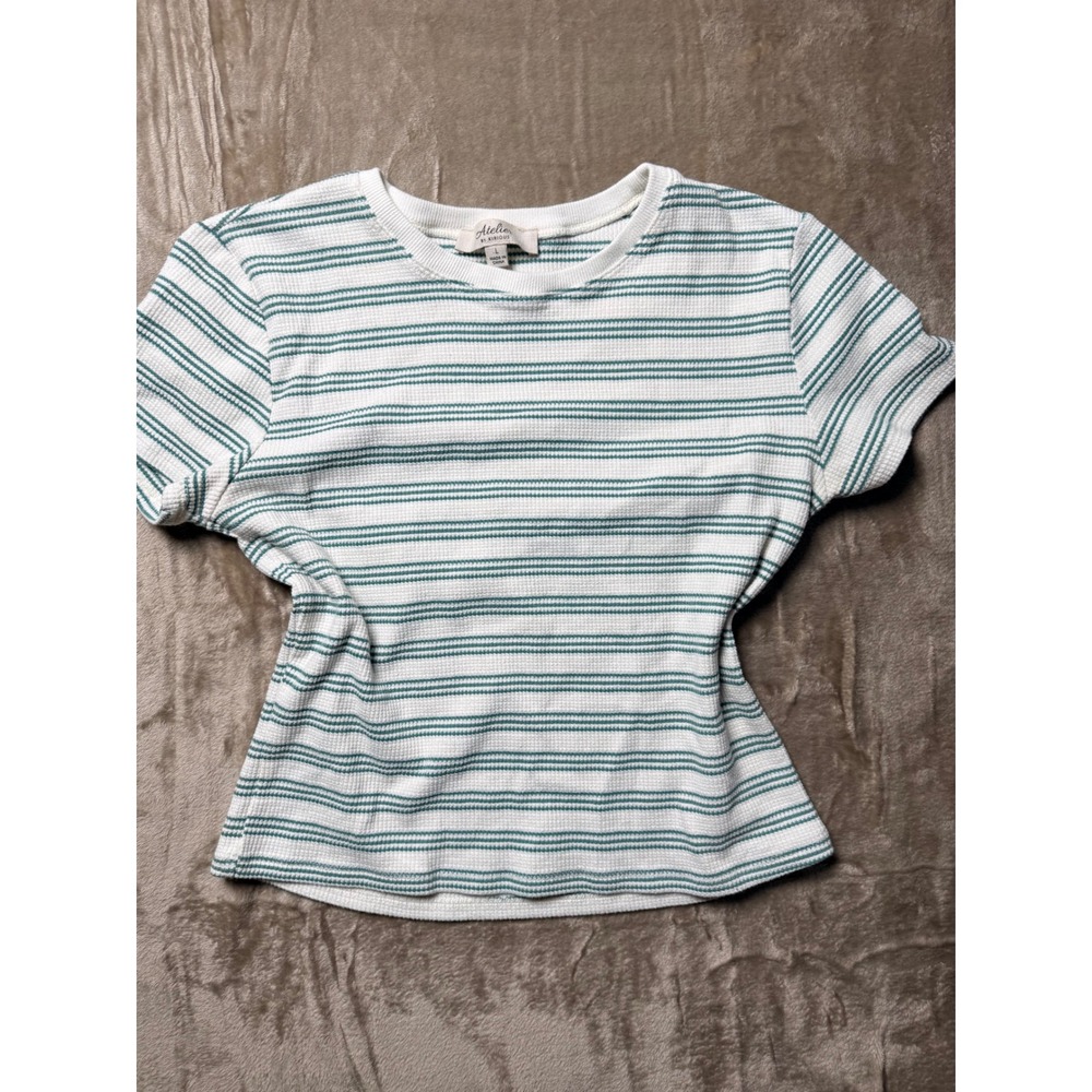Atelier by Kirious Womens BabyTee Striped Waffle Knit Thermal Large Preppy‎ Cute